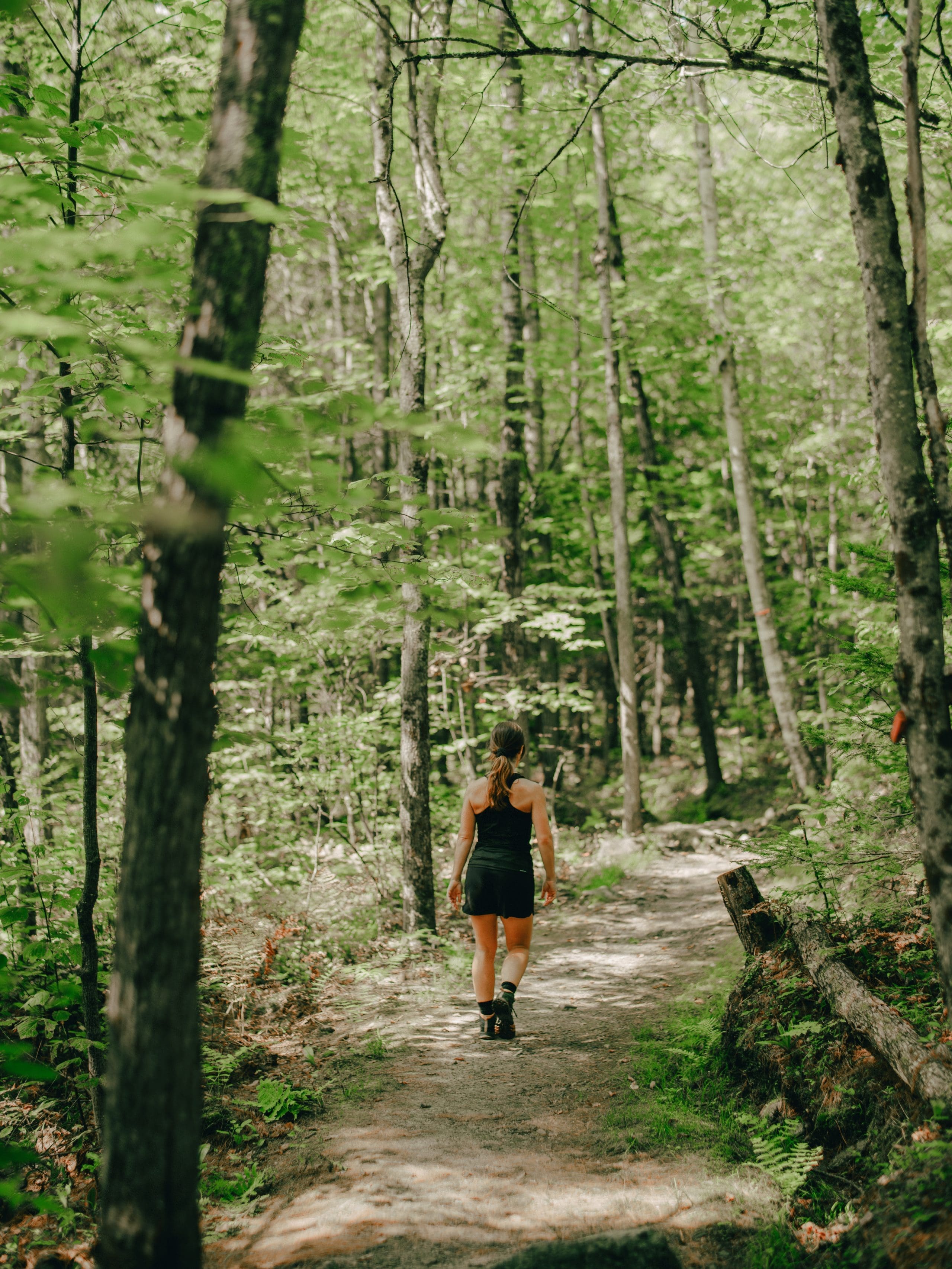 Une femme s’éloigne de la caméra sur un sentier boisé, entouré d’arbres verts luxuriants, vêtue d’une tenue d’entraînement noire Accueil. Le chemin est étroit et tourne légèrement vers la droite.